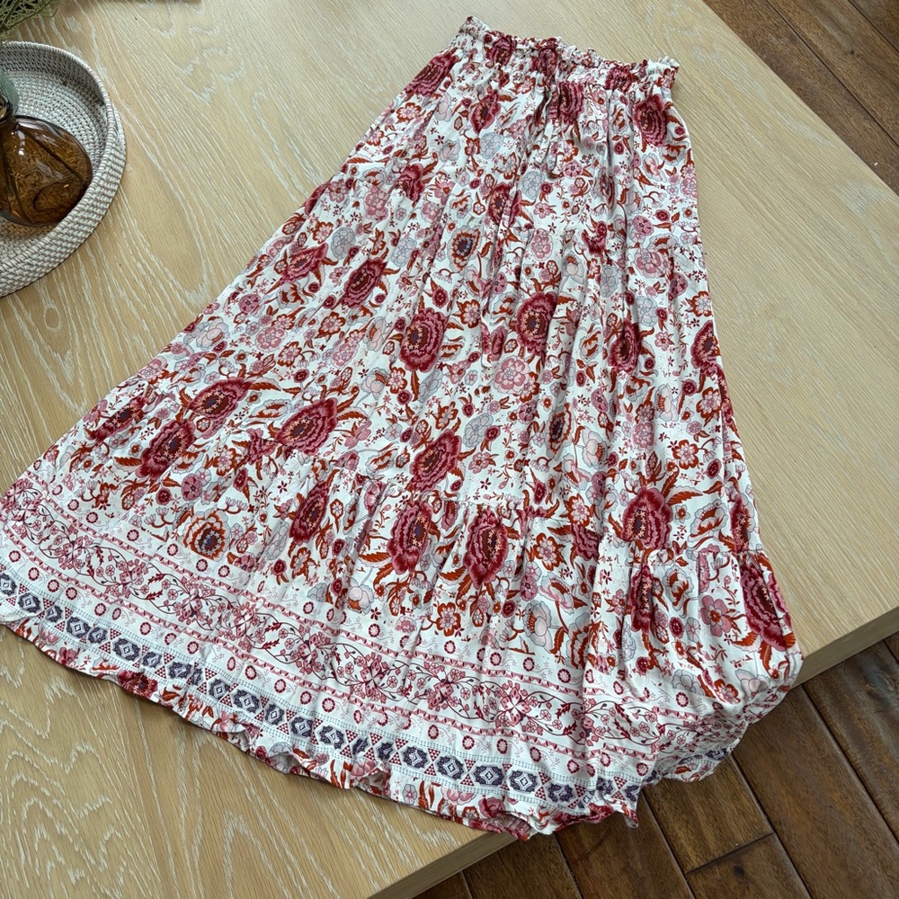 Elegant Boho Floral Maxi Skirt - Red pink and White